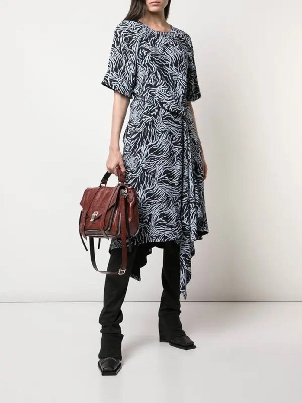 Proenza Schouler Black Blue Zebra Animal Print Asymmetrical Draped Midi Dress 4